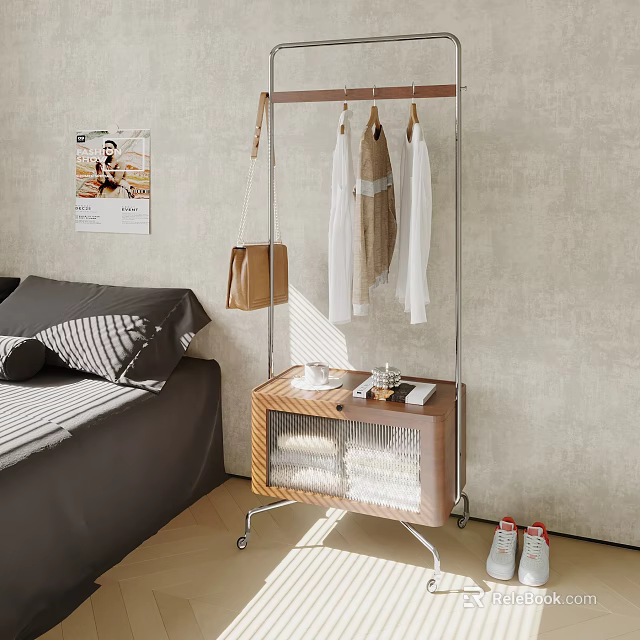 Modern Clothes Rack in Bedroom Setting with Hanging Apparel Leather Bag and Wheeled Wooden Cabinet 3d model 