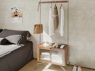 Modern Clothes Rack in Bedroom Setting with Hanging Apparel Leather Bag and Wheeled Wooden Cabinet 3d model