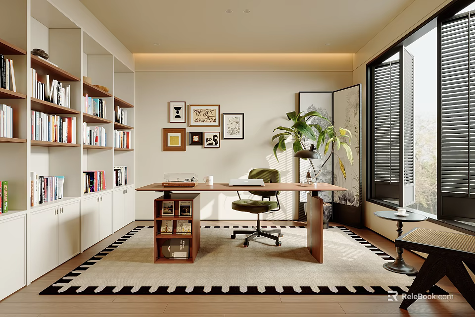 Modern Study Room Interior With Built-in Bookshelves Wooden Desk Chair Potted Plant And Decorative Paintings 3d model 