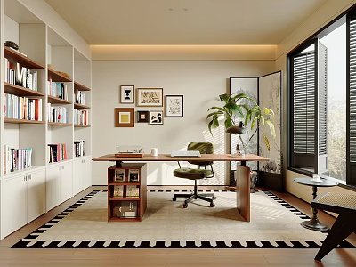Modern Study Room Interior With Built-in Bookshelves Wooden Desk Chair Potted Plant And Decorative Paintings 3d model