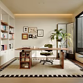 Modern Study Room Interior With Built-in Bookshelves Wooden Desk Chair Potted Plant And Decorative Paintings