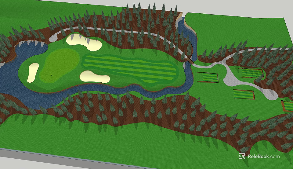Golf Course Design With Bunkers River And Trees For Outdoor Fitness Activities 3d model 