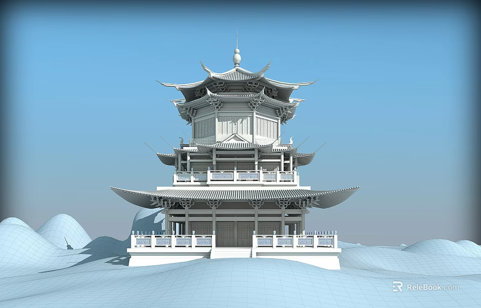 Ancient Chinese Architecture Multi Story Tower With Overhanging Eaves White Exterior And Blue Sky 3d model 