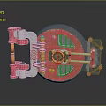 Industrial Equipment With Red Circular Component Metal Frame Yellow Gauge Pipes And Brackets Textured Surface