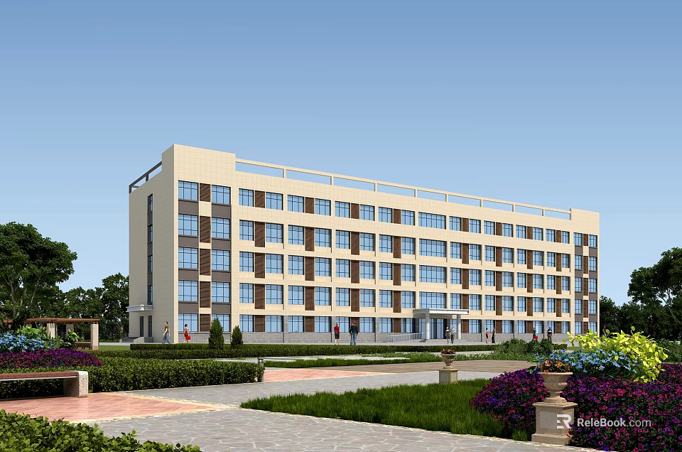 Modern Multi Storey School Building With Large Windows Garden Lawn And Pathways 3d model 
