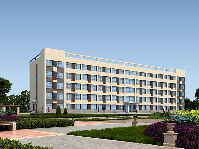 Modern Multi Storey School Building With Large Windows Garden Lawn And Pathways 3d model