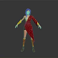 Woman With Blue Hair In Red Outfit And Yellow Sleeves Wearing Brown Boots