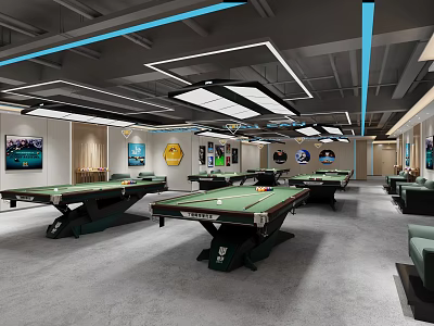 Modern Billiard Room Interior Design With Multiple Pool Tables Stylish Lighting And Comfortable Seating 3d model