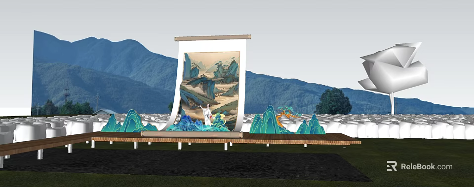 Traditional Garden Landscape With Scroll Painting Mountains And Wavy Green Structures 3d model 