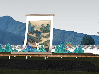 Traditional Garden Landscape With Scroll Painting Mountains And Wavy Green Structures 3d model