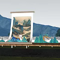 Traditional Garden Landscape With Scroll Painting Mountains And Wavy Green Structures