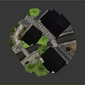 Cartoon Scene Of Traditional Japanese Village With Wooden Houses Black Roofs And Green Trees