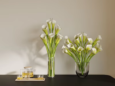White Calla Lilies in Glass Vases on Black Table with Teapot Glasses and Light Wall 3d model