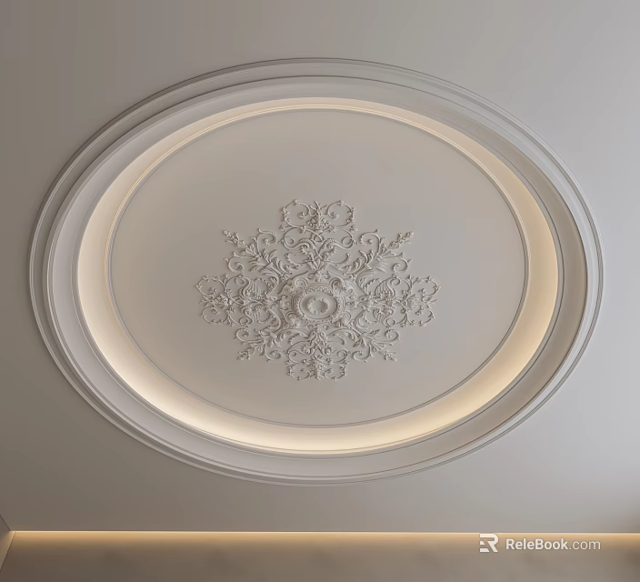 Elegant Circular Ceiling Design With Ornate Carved Floral Pattern And LED Strip Lighting 3d model 