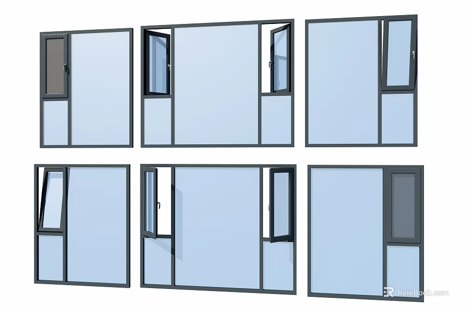 Modern Casement Windows With Different Opening Styles And Dark Frames For Home 3d model