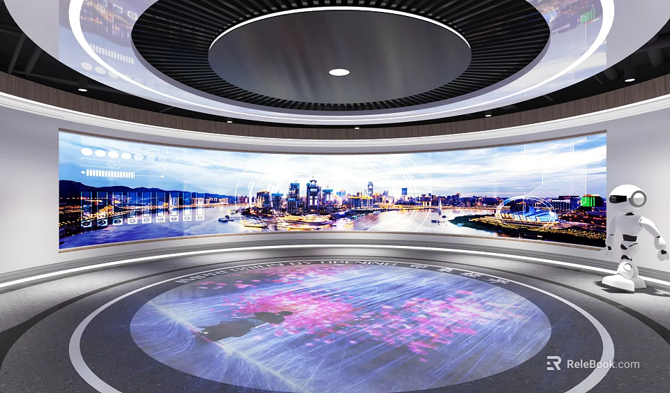 Modern Tech Interior With Circular Floor Projection And City Night View Screens 3d model 