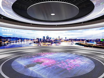 Modern Tech Interior With Circular Floor Projection And City Night View Screens 3d model