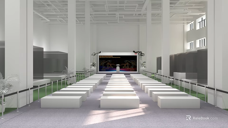 Spacious Indoor Event Venue With Neatly Arranged White Benches Decorated Stage And Large Screen 3d model 