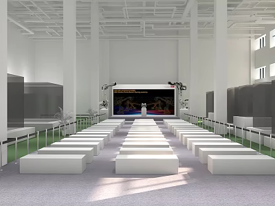 Spacious Indoor Event Venue With Neatly Arranged White Benches Decorated Stage And Large Screen 3d model