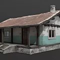 Rustic Cottage Exterior With Red Tile Roof Light Blue White Walls Porch Columns And Chimney