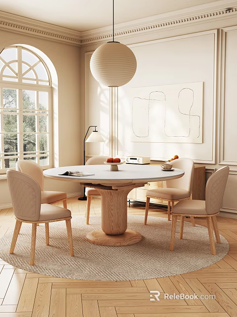 Elegant Restaurant With Round Marble Table Wooden Base Light Colored Chairs Arched Window Abstract Painting 3d model 