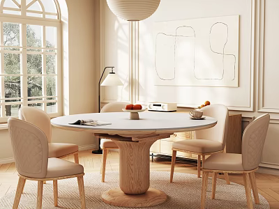 Elegant Restaurant With Round Marble Table Wooden Base Light Colored Chairs Arched Window Abstract Painting 3d model