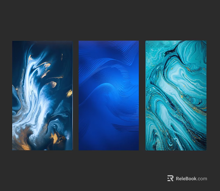 Three Abstract Blue Artworks With Fluid Patterns And Gold Accents 3d model 