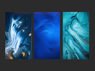 Three Abstract Blue Artworks With Fluid Patterns And Gold Accents 3d model