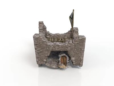 Detailed Miniature Castle Model With Stone Walls Ruined Structure Wooden Door And Flag 3d model