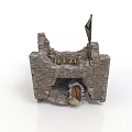 Detailed Miniature Castle Model With Stone Walls Ruined Structure Wooden Door And Flag