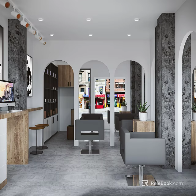 Modern Beauty Hair Salon Interior With Styling Chairs Gray Sofas Wooden Counter And Plants 3d model 