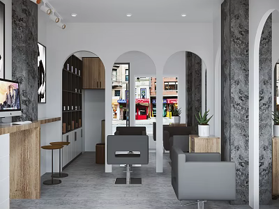 Modern Beauty Hair Salon Interior With Styling Chairs Gray Sofas Wooden Counter And Plants 3d model