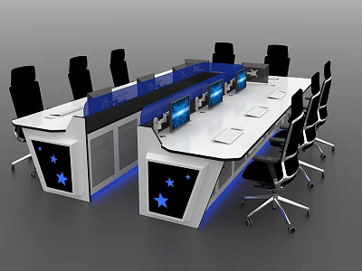 Modern Office Workstation Desk With Multiple Monitors Black Chairs Blue Lighting And Star Patterns 3d model