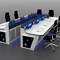 Modern Office Workstation Desk With Multiple Monitors Black Chairs Blue Lighting And Star Patterns 3d model