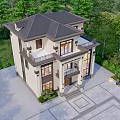Modern Detached Villa Exterior Design With Large Windows And Courtyard Greenery