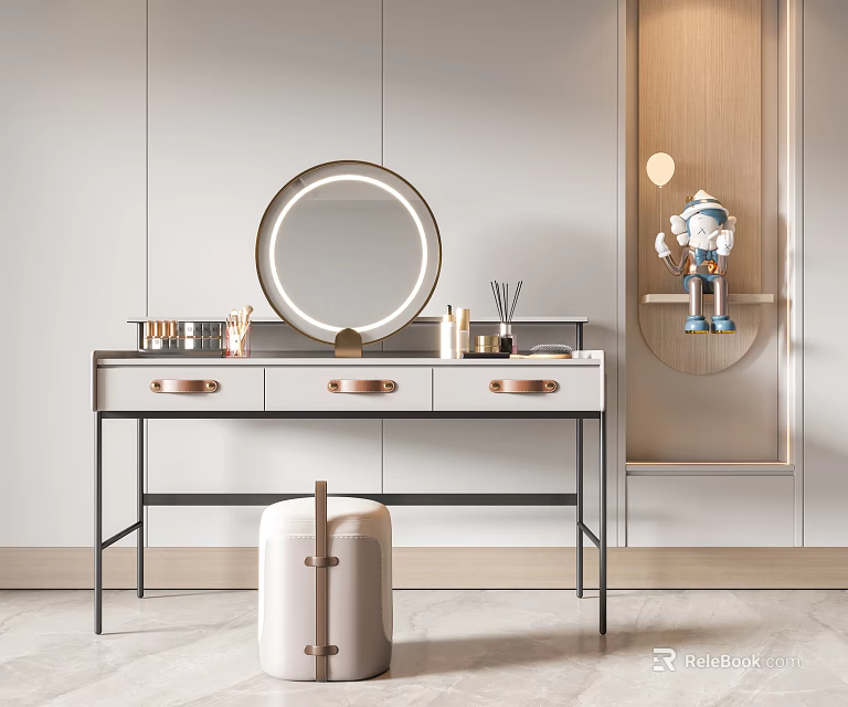 Modern Dressing Table With Round Mirror Metal Legs Drawers And Vanity Stool 3d model 
