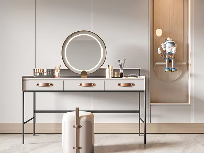 Modern Dressing Table With Round Mirror Metal Legs Drawers And Vanity Stool 3d model