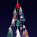 Colorful Cone Decorations Tower With Red Green White Striped Patterns And Illuminated Lights
