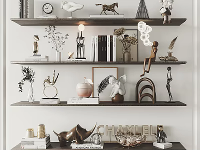 Decorative Ornaments Set With Sculptures Plants Books And Letter Decor On Shelf 3d model
