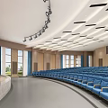 School’s Modern Auditorium With Blue Seats And Stage