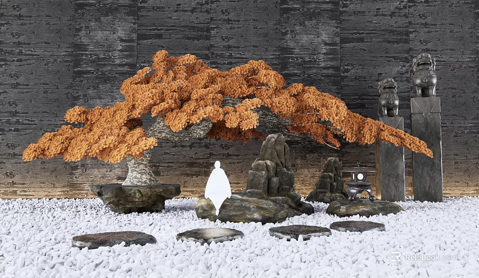 Traditional Courtyard Garden With Orange Tree Rocks White Statue Stone Lantern And Pebble Ground 3d model 