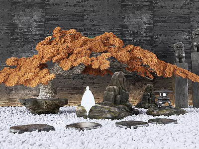 Traditional Courtyard Garden With Orange Tree Rocks White Statue Stone Lantern And Pebble Ground 3d model