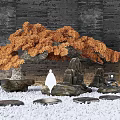 Traditional Courtyard Garden With Orange Tree Rocks White Statue Stone Lantern And Pebble Ground