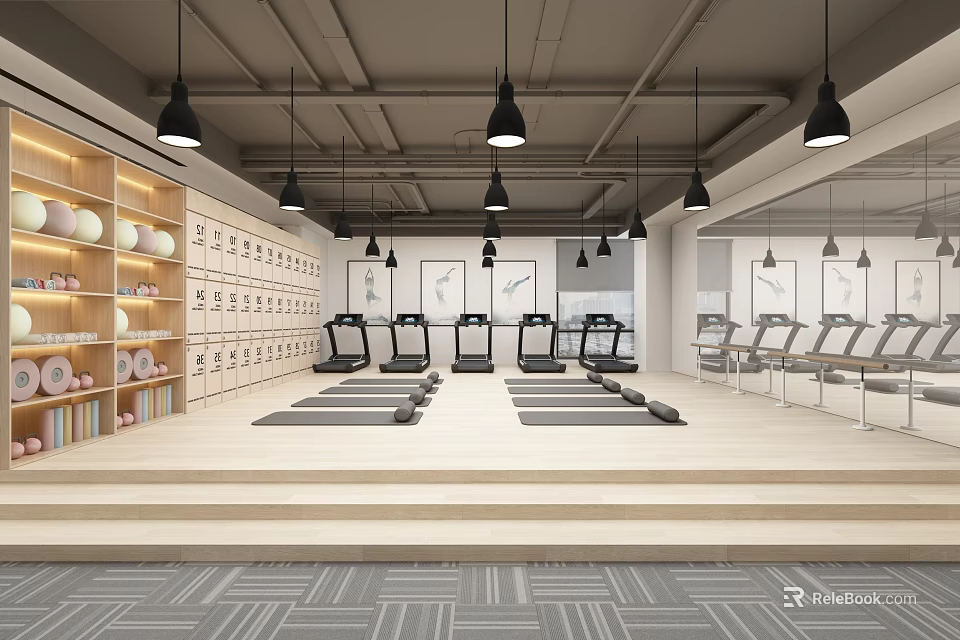 Modern Fitness Gym With Hanging Lights Treadmills Yoga Mats And Lockers 3d model 