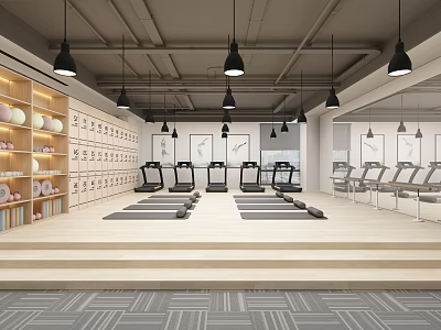 Modern Fitness Gym With Hanging Lights Treadmills Yoga Mats And Lockers 3d model
