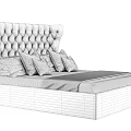 Stylish Double Bed With Tufted Linen Headboard White Sheets Purple Pillows And Gray Throw Blanket