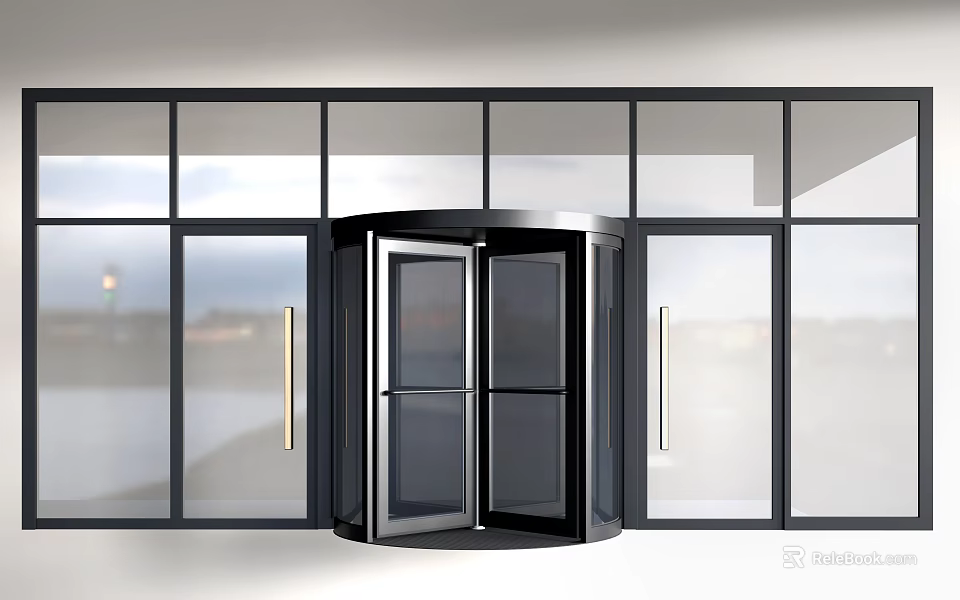 Modern Revolving Door With Glass Panels And Surrounding Glass Facade For Commercial Entrance 3d model 