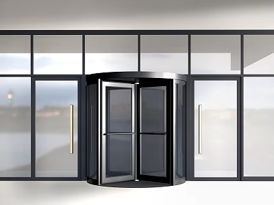Modern Revolving Door With Glass Panels And Surrounding Glass Facade For Commercial Entrance 3d model