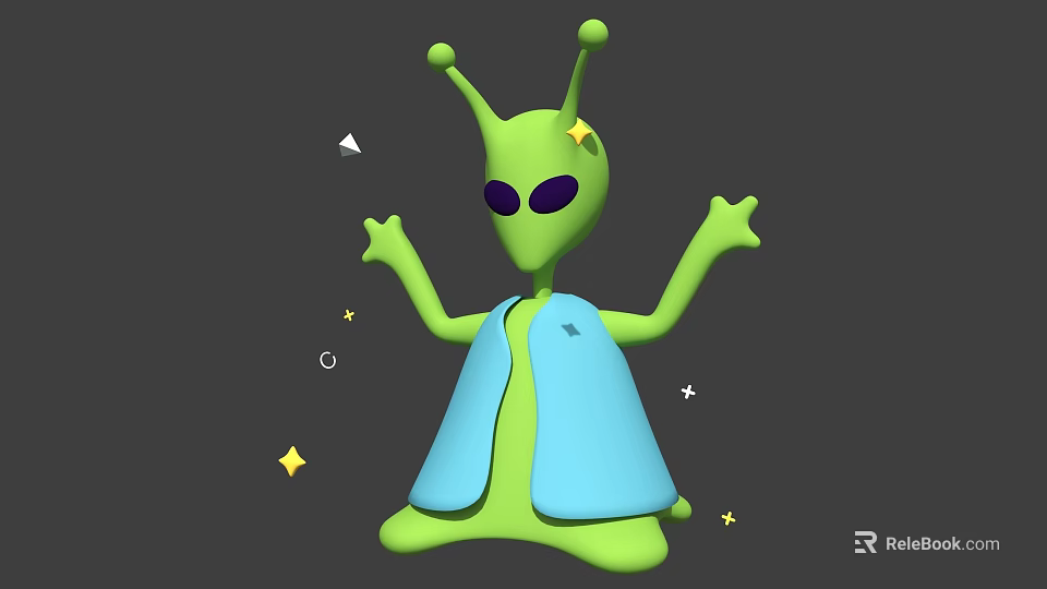 Cartoon Green Alien With Antennae Big Eyes Blue Cape Surrounded By Stars And Small Triangles 3d model 