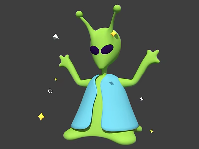 Cartoon Green Alien With Antennae Big Eyes Blue Cape Surrounded By Stars And Small Triangles 3d model